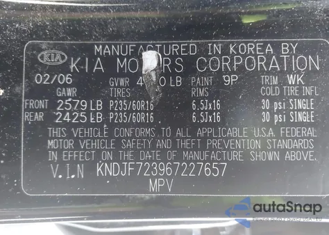 2006 Kia Sportage Ex V6/Lx V6 из США, поврежденный, VIN KNDJF723967227657